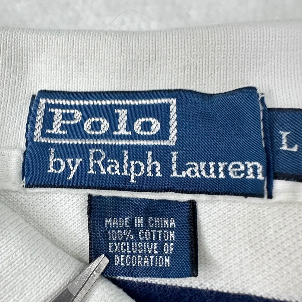 Polo Ralph Lauren Polo Shirt Mens L White/Blue Striped Cotton Pony Pique Golf